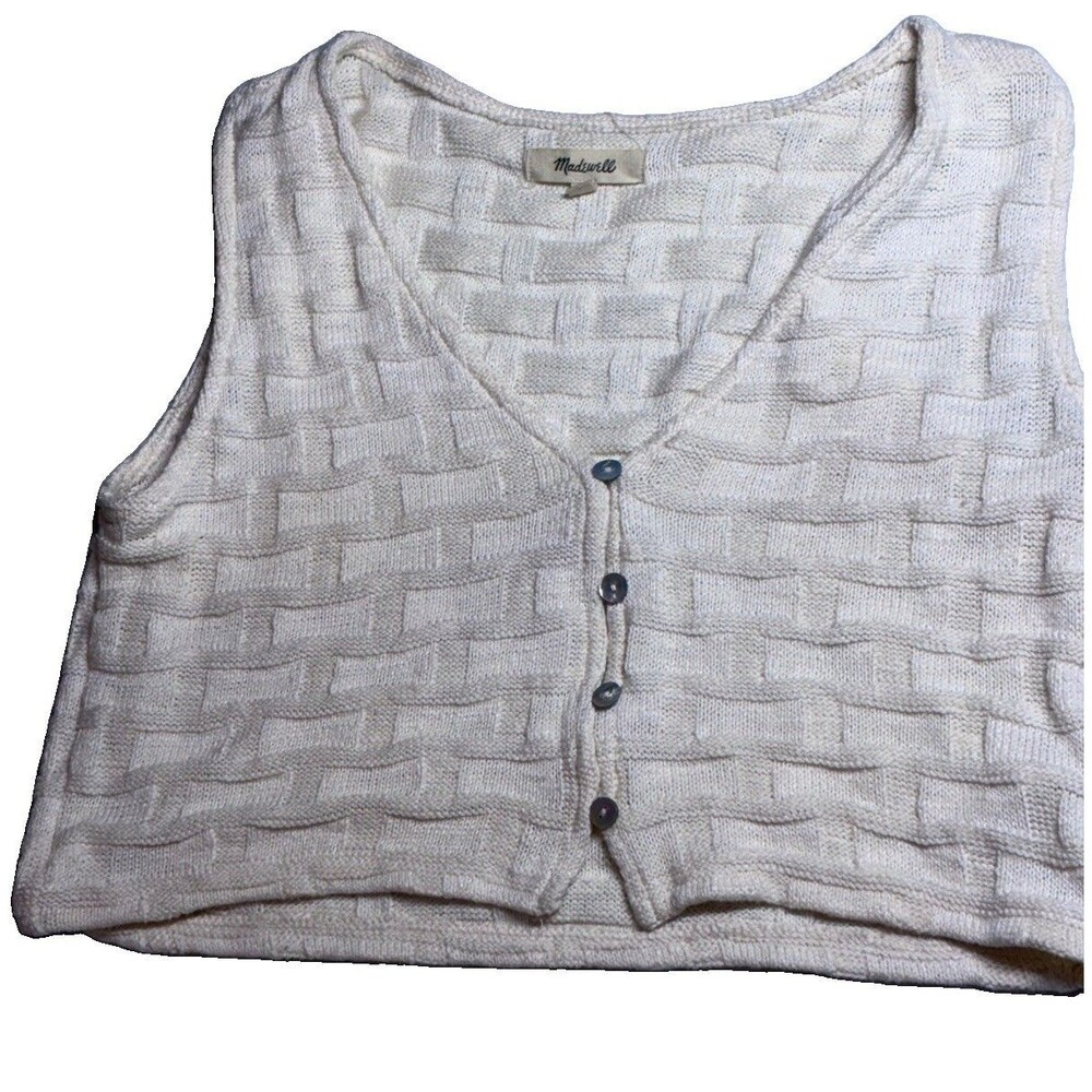 Madewell Sweater Vest Sz XS Ivory Textured Knit V-Neck Button up basket weave